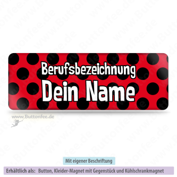 Namensschild rot mit schwarzen Punkten