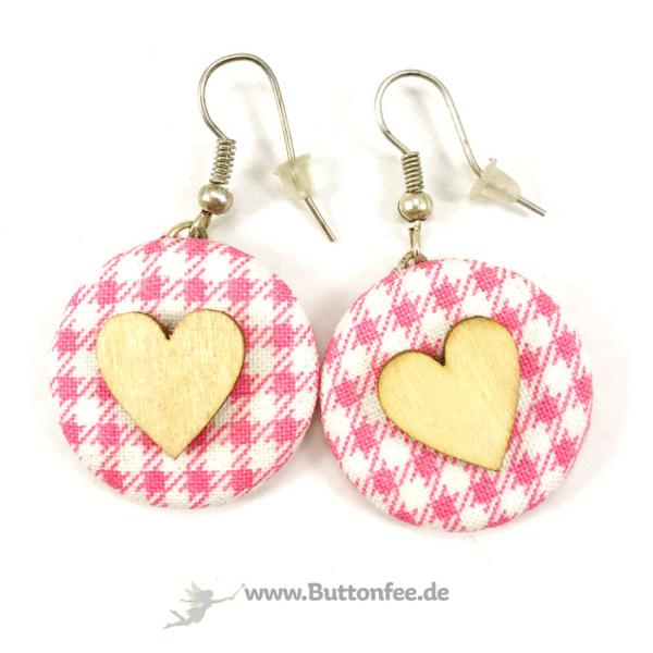 Ohrringe 25mm rosa Vichystoff mit Holzherzen